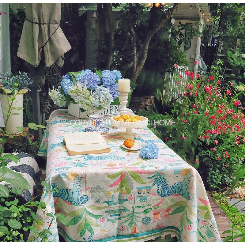 Afralia™ Jungle Vibes Tablecloth: Tiger Plants & Pagoda Print for Kitchen Garden
