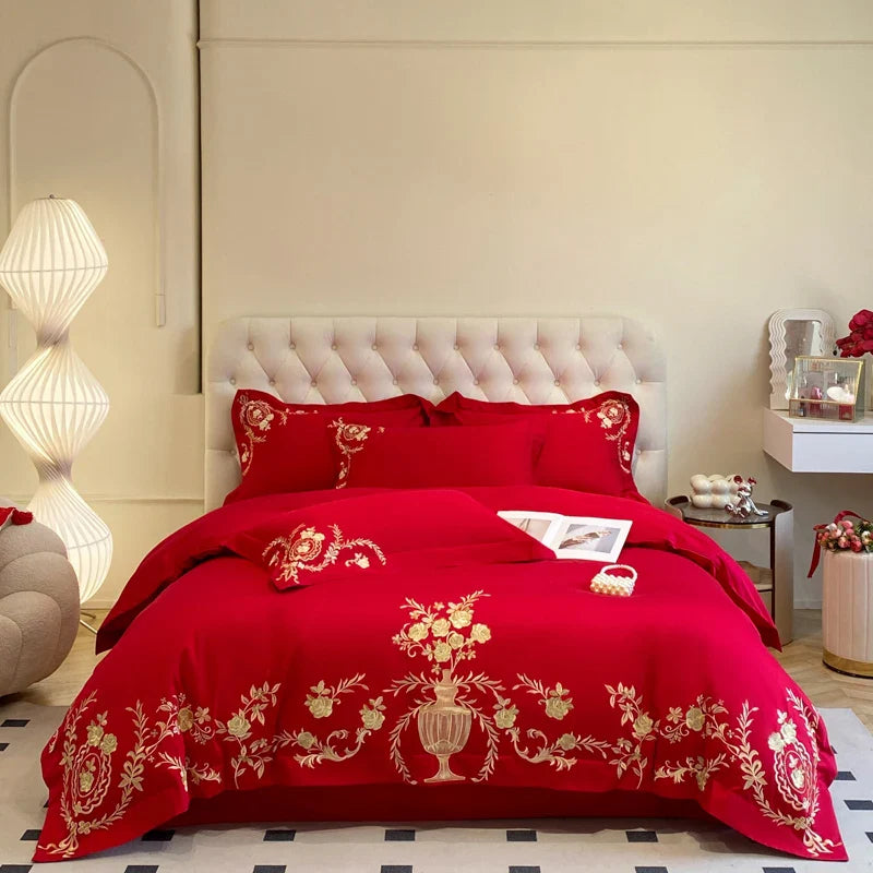 Afralia™ Luxury Gold Flowers Embroidery Cotton Bedding Set