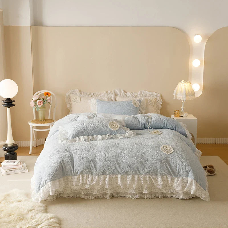 Afralia™ Luxe Carved Velvet Lace Ruffles Bedding Set with Quilted Bed Skirt