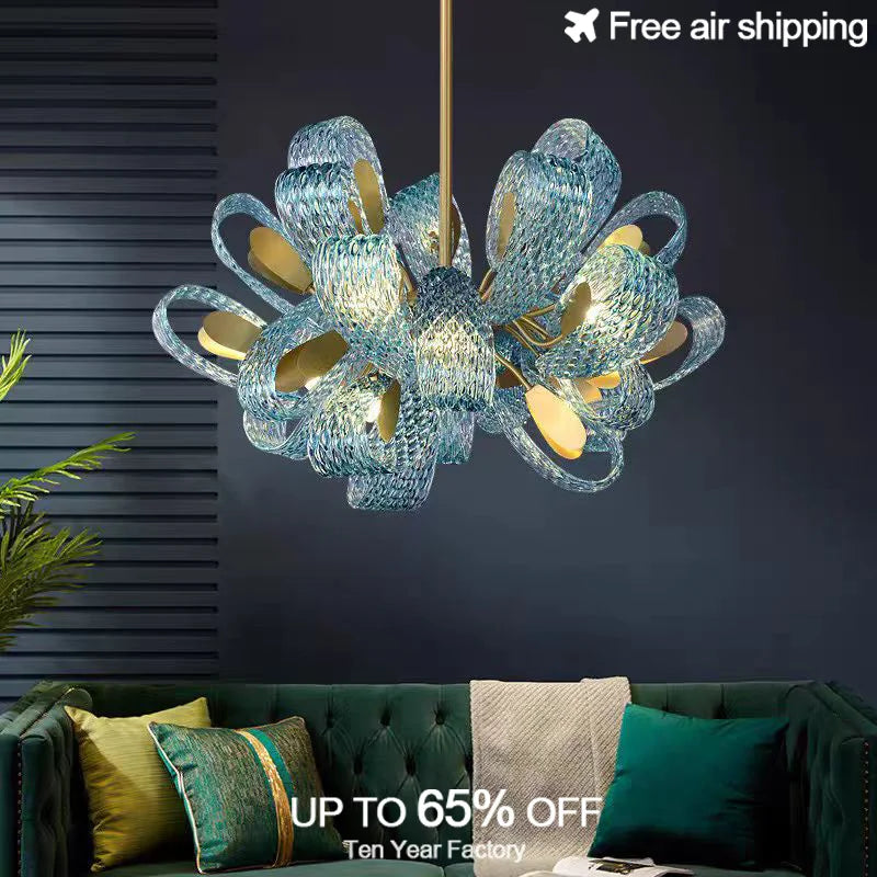 Afralia™ Peacock Blue Glass Ceiling Chandelier for Dining Room - LED Luxury Glass Pendant Fixture