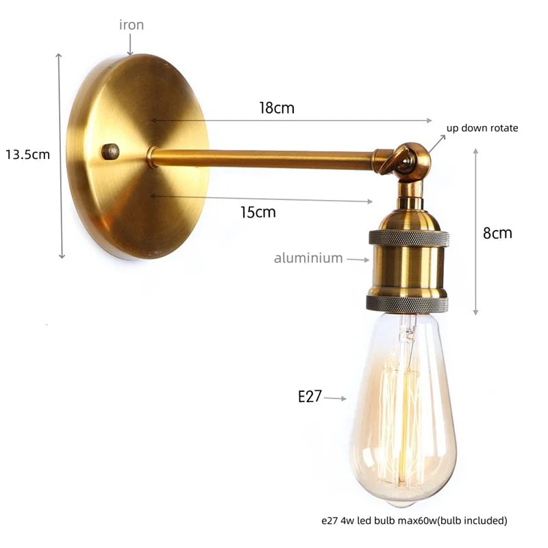 Afralia™ Retro Iron LED Wall Lamp Sconce, Gold Vintage Indoor Luminaire for Bedroom, Cafe