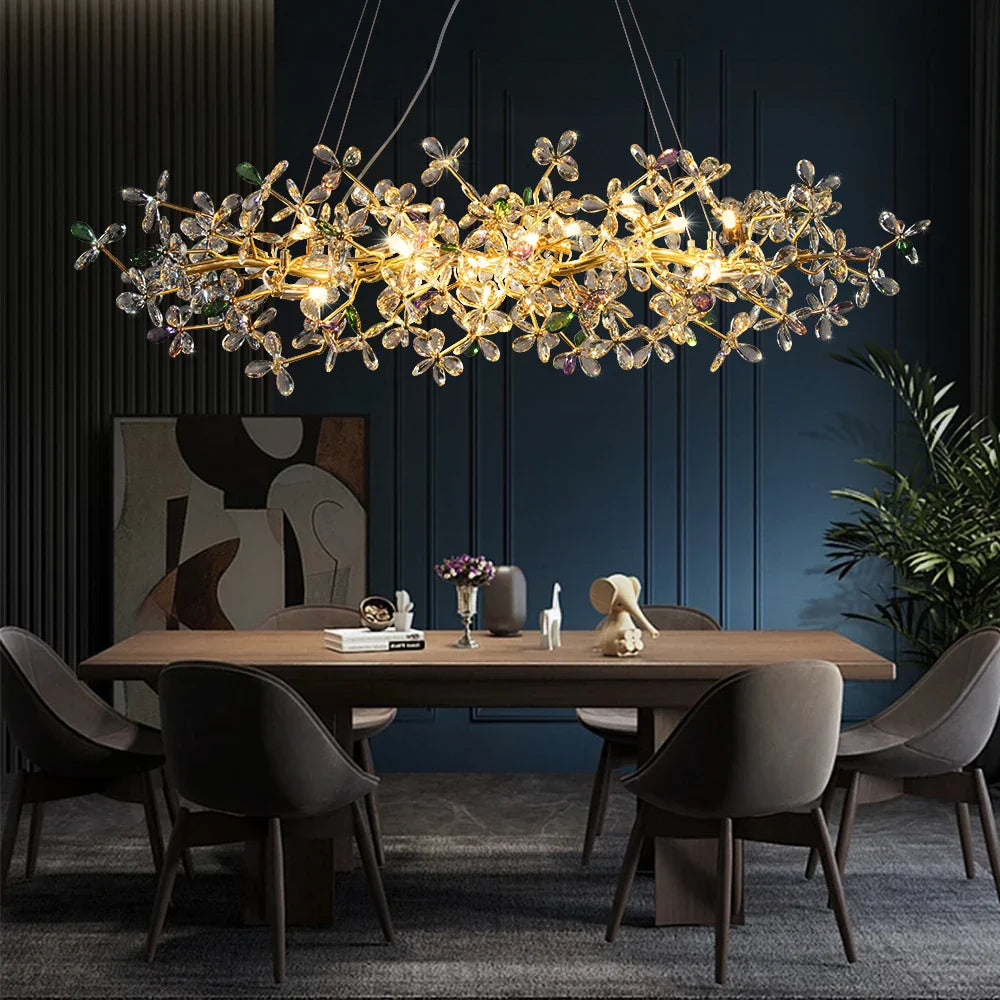 Afralia™ Gold Flower Crystal Ceiling Chandelier for Dining Room Bedroom Kitchen - Luxury Hanging Pendant Lights