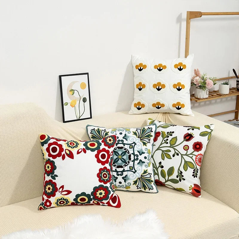 Afralia™ Floral Embroidered Cotton Canvas Pillow Cover for Countryside Home Decor