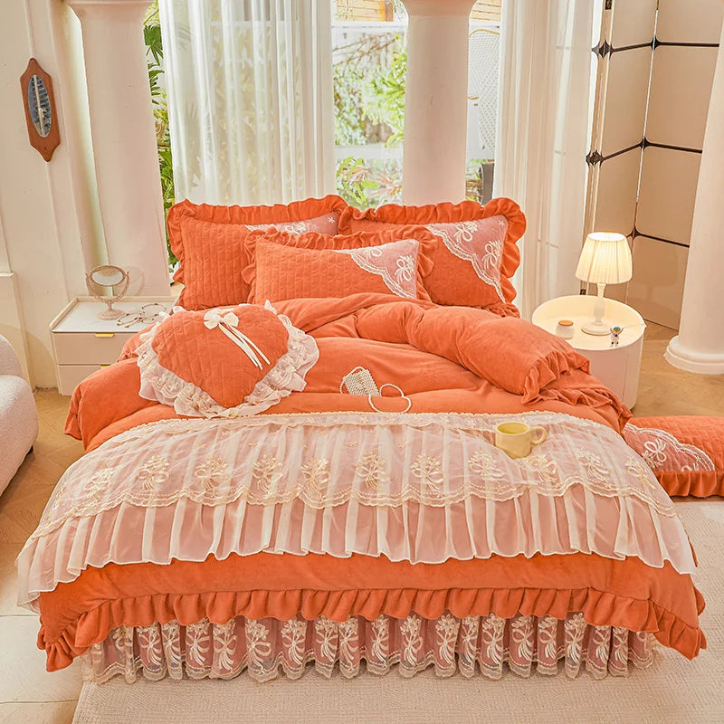 Afralia™ Princess Burgundy Red Velvet Bedding Set - Duvet Cover, Bed Skirt, Bedspread, Pillowcases