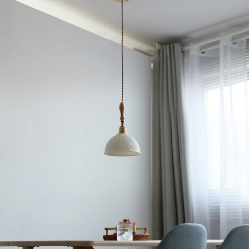 Afralia™ LED Pendant Light Ash Wood White Ceramic Japanese Style Hanging Lamp