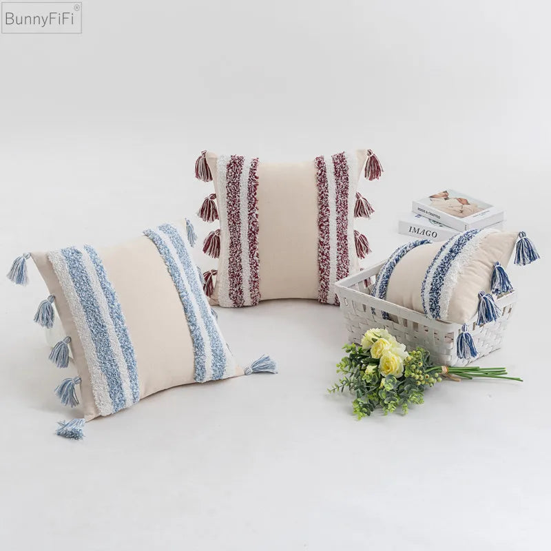 Afralia™ Blue Grey Stripe Tufted Cushion Cover 45x45cm/30x50cm for Home Decoration