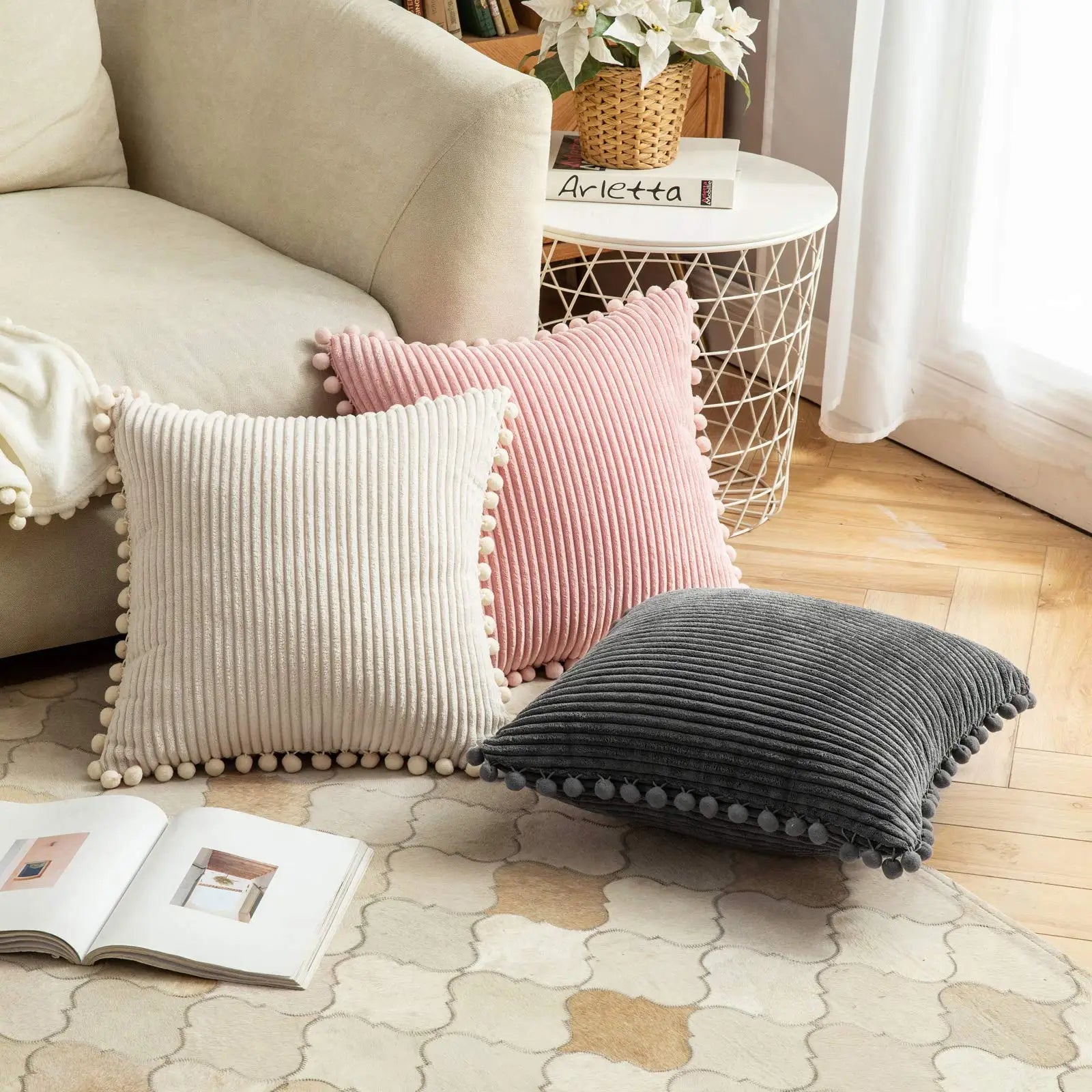 Afralia™ Striped Corduroy Pom-pom Cushion Covers - Skin Friendly Solid Color Pillow Sham