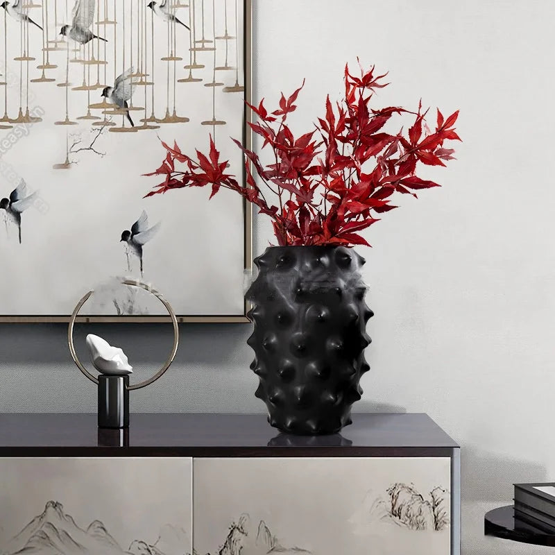 Afralia™ Black Ceramic Flower Vase Sea Cucumber Pineapple Design Unique Home Decor