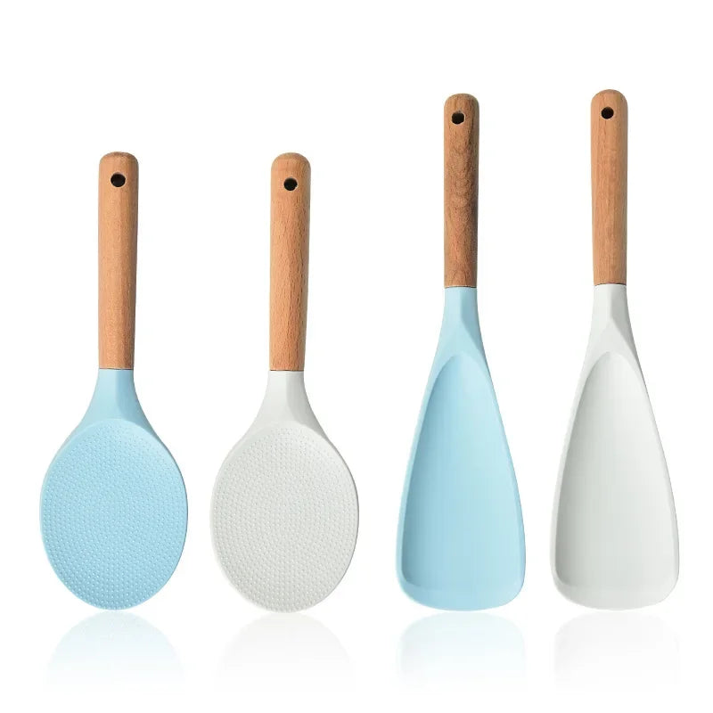 Afralia™ Silicone Rice Shovel Spoon with Wooden Handle - Non-Stick Cooking Spatula Scoop