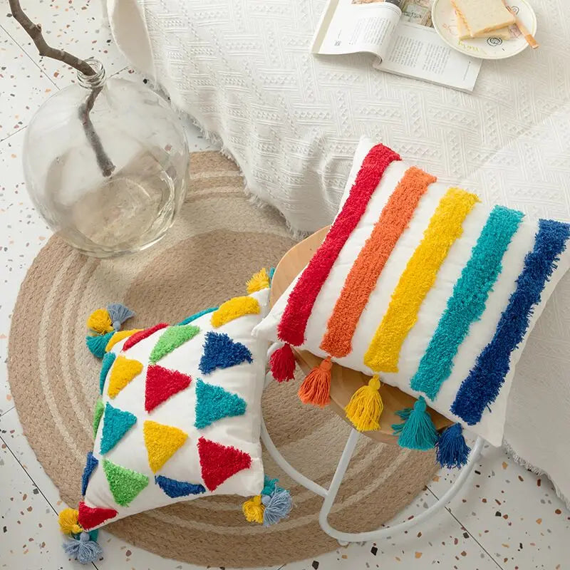 Afralia™ Rainbow Tassel Sofa Cushion Cover 45x45 - Boho Home Decor Pillowcase