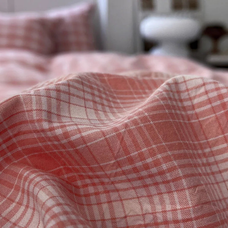 Nordic Grid Print Bedding Set in Wash Cotton Linen for Single Double Bed by Afralia™