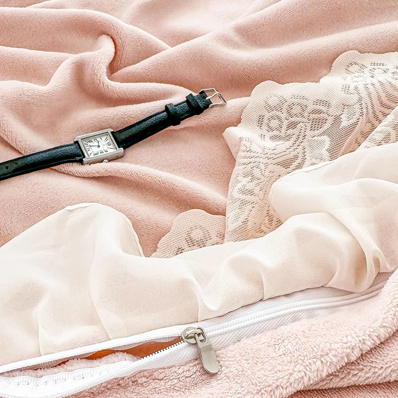 Afralia™ French Lace Ruffles Princess Wedding Bedding Set, Velvet Fleece Duvet Cover Set