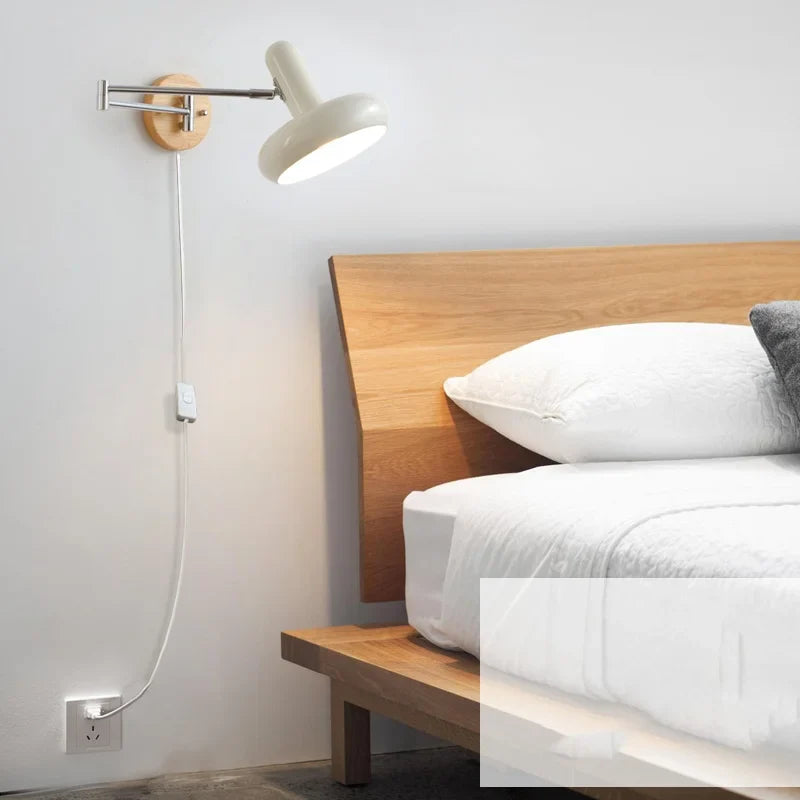 Afralia™ Rotating LED Wall Sconce with Pull Chain Switch, Wood Base Bedside Lamp
