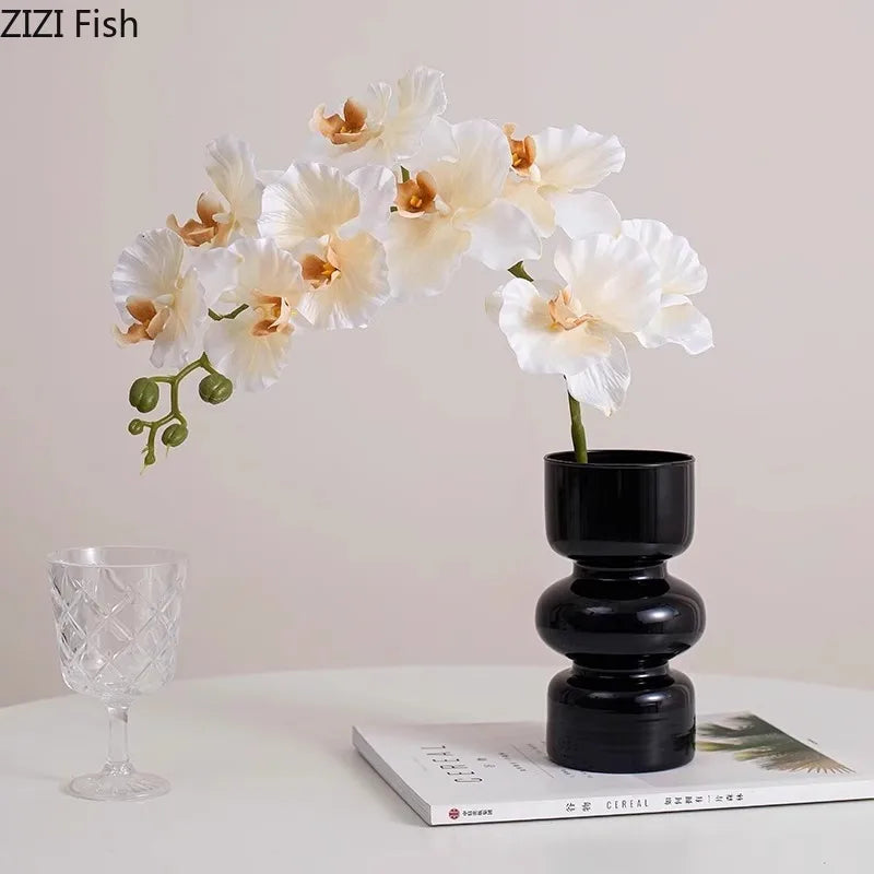 Afralia™ Black Glass Vase with Artificial Flowers for Stylish Room Decor