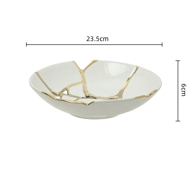 Afralia™ Ceramic Fruit Platter with Golden Crack Design and Wire Tray.