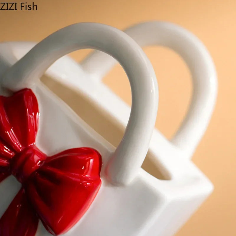 Afralia™ Bowknot Ceramic Vase Handbag Decor Table Flower Room Decor