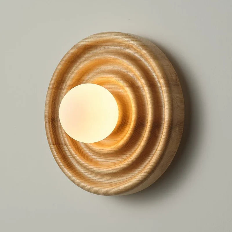 Afralia™ Round Ash Wood Wall Lamp LED Light Dark Wood Color Sconce