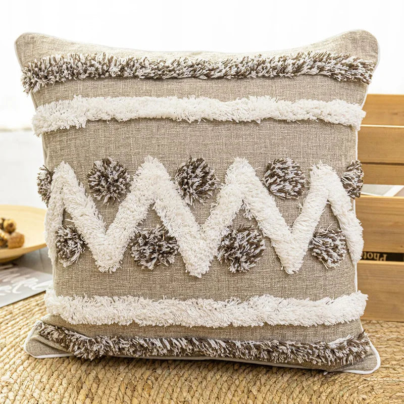 Afralia™ Boho Style Tufted Cushion Cover with Tassel, Gray Embroidery, 45x45cm