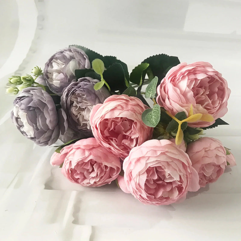 Afralia™ Silk Peony Bouquet: 5 Big Head 4 Bud Rose Pink Fake Flowers for Home Wedding