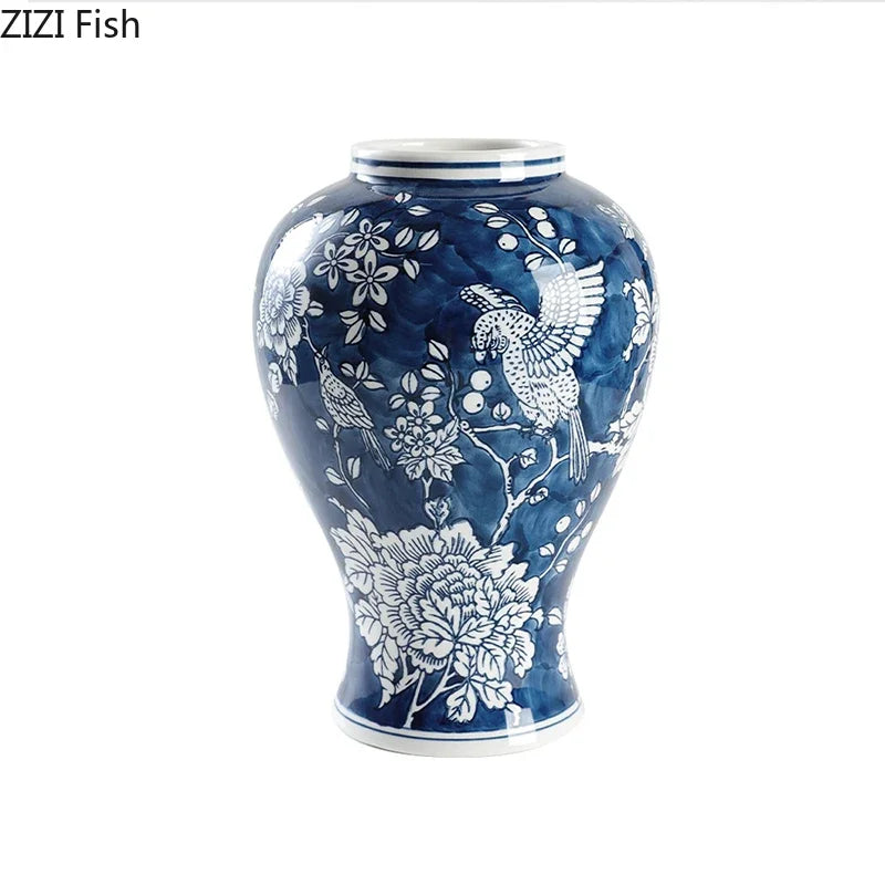 Afralia™ Blue Porcelain Vase: Flowers and Birds Pattern Table Decor Floral Vases Room Aesthetic