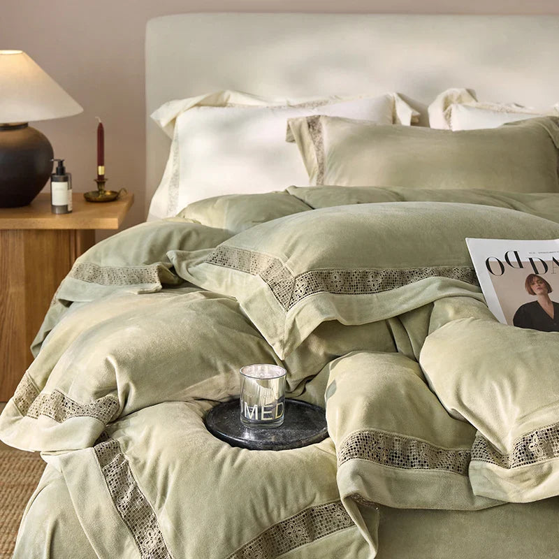 Luxury Gold Velvet Lace Duvet Bedding Set by Afralia™, Cozy Furry Winter Collection