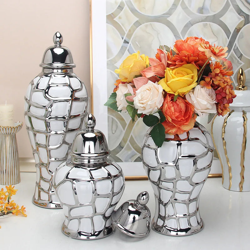 Afralia™ Silver Grid Porcelain Ginger Jar: Elegant Home Decor Vase & Storage Tank