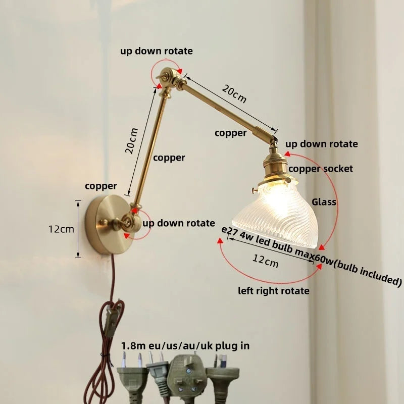 Afralia™ Modern Brass Glass Wall Light with 2 Swing Arms & Pull Chain Switch