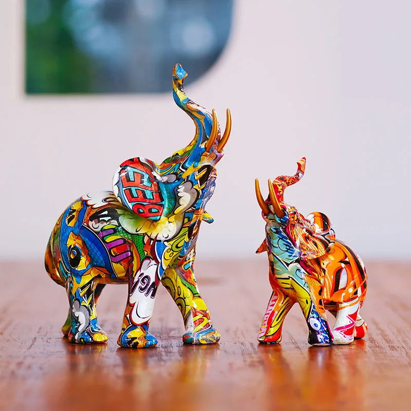 Afralia™ Elephant Resin Figurine: Graffiti Animal Statue for Home Feng Shui Decor