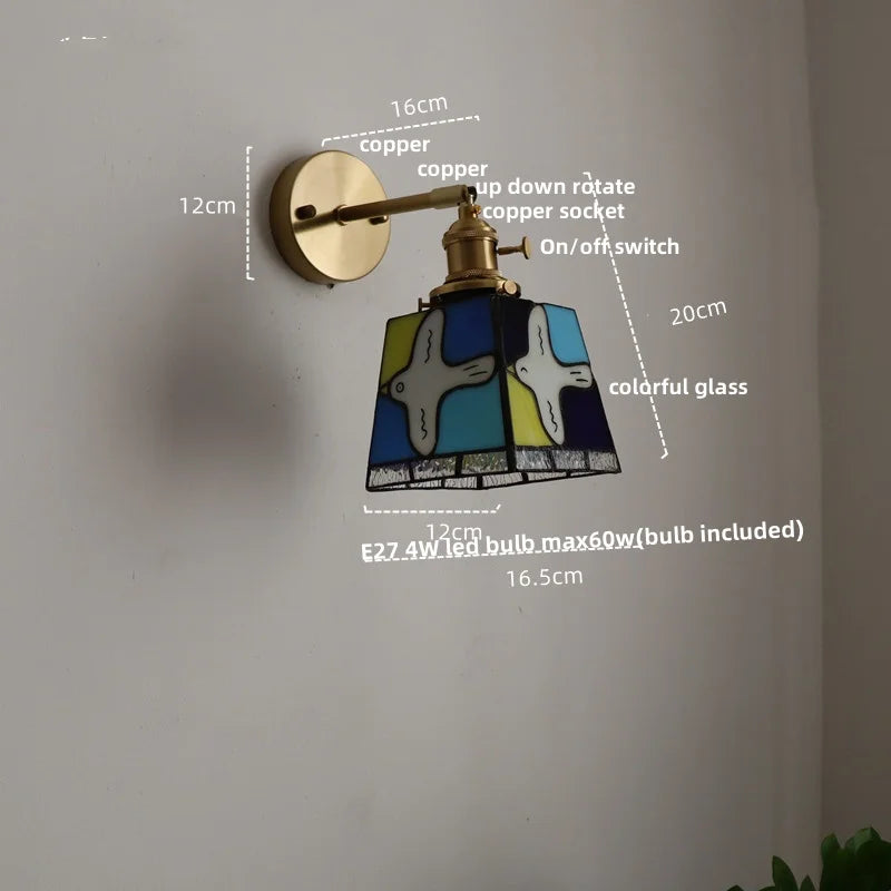 Afralia™ Tiffany Style Colorful Glass Wall Light Fixture - Up Down Rotate Bedside Lamp