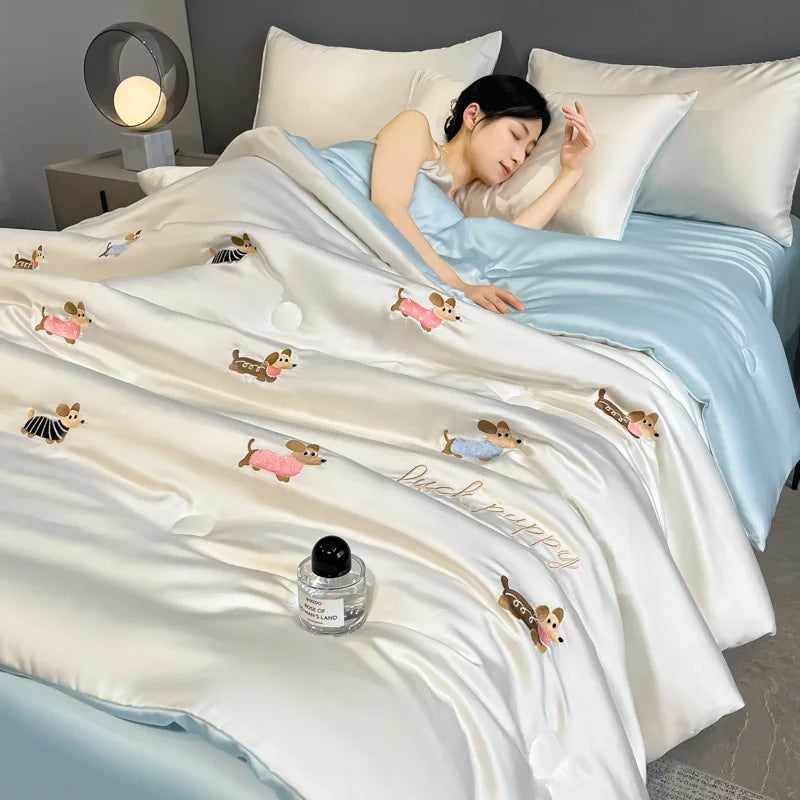 Afralia™ Washed Silk Embroidered Quilt Set Queen, Cooling Summer Blanket