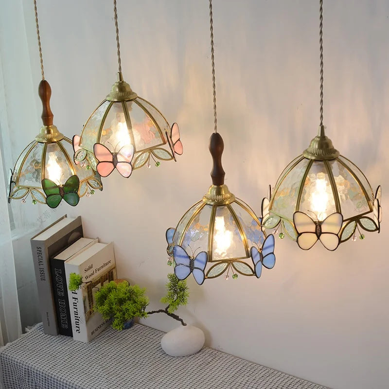 Afralia™ Tiffany Butterfly Glass LED Pendant Lights - Nordic Modern Wood Kitchen Fixture