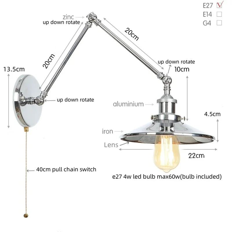 Afralia™ Vintage Industrial Long Arm Adjustable LED Wall Sconce Pull Chain Switch Bedside Lamp
