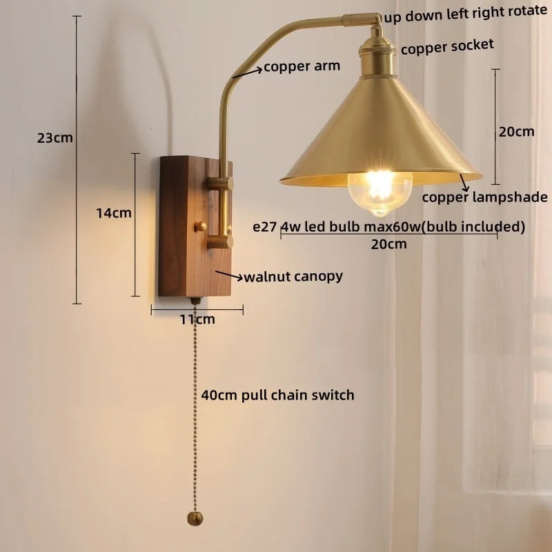 Afralia™ Copper Glass LED Wall Lights Pull Chain Switch Bedside Lamp for Bedroom Living Room