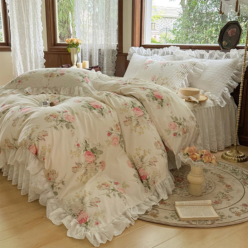 Afralia™ Floral Print Cotton Princess Bedding Set with Vintage Lace Details