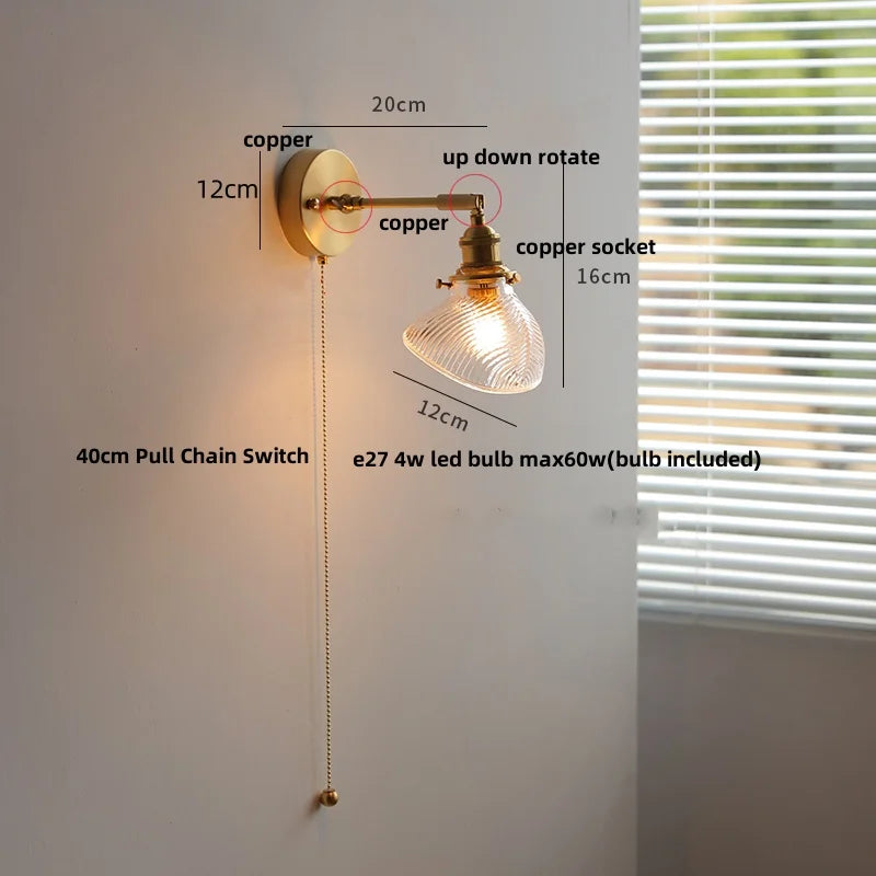 Afralia™ Vintage Brass Clear Glass Wall Lights Rotate Bedside Lamp for Restaurant Bedroom