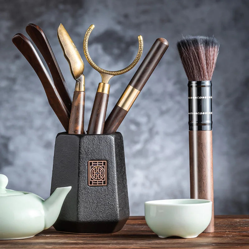 Afralia™ Six Gentlemen Tea Ceremony Set: Wooden & Ceramic Kung Fu Tea Making Tools