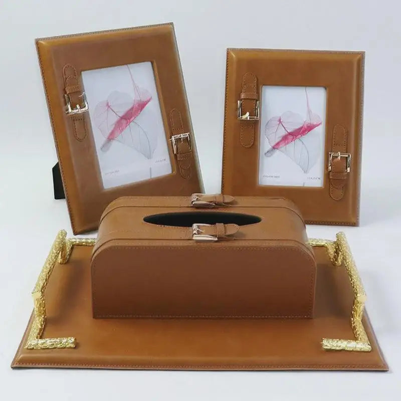Afralia™ Brown Weave Leather Photo Frame | Minimalist Desk Decoration | Aesthetic Room Decor