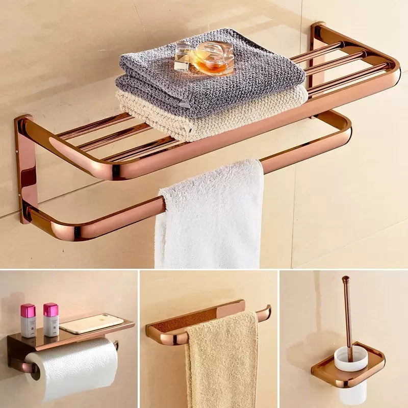 Afralia™ Rose Gold Bathroom Accessories Set: Towel Rack, Shelf, Paper Holder, Towel Holder, Toilet Brush Holder