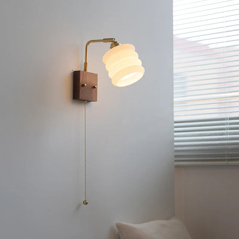 Afralia™ Walnut Wood Rotatable LED Wall Sconce White Glass Bedside Lamp