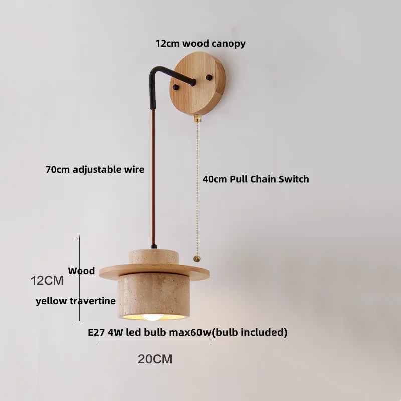 Afralia™ Modern Copper LED Wall Light with Pull Chain Switch & Yellow Travertine Stone