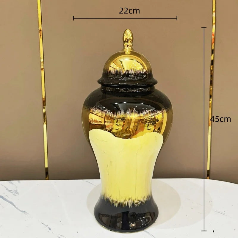 Afralia™ Black Gold Gradated Ginger Jar: Ceramic Checkmate Jar, Home Decoration Accessories