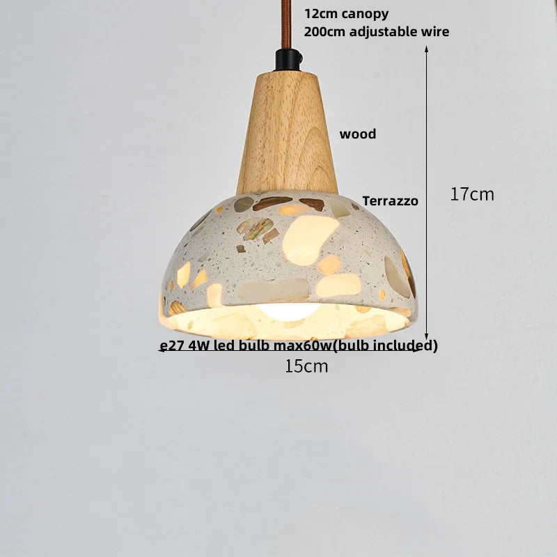Afralia™ LED Terrazzo Pendant Lamp White Stone Wood Hanging Light