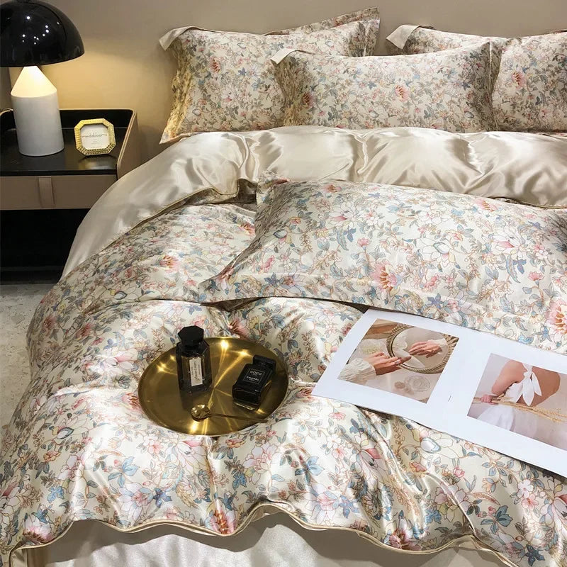 Afralia™ Satin Floral Mulberry Bedding Set with Luxury Duvet Cover & Sheets