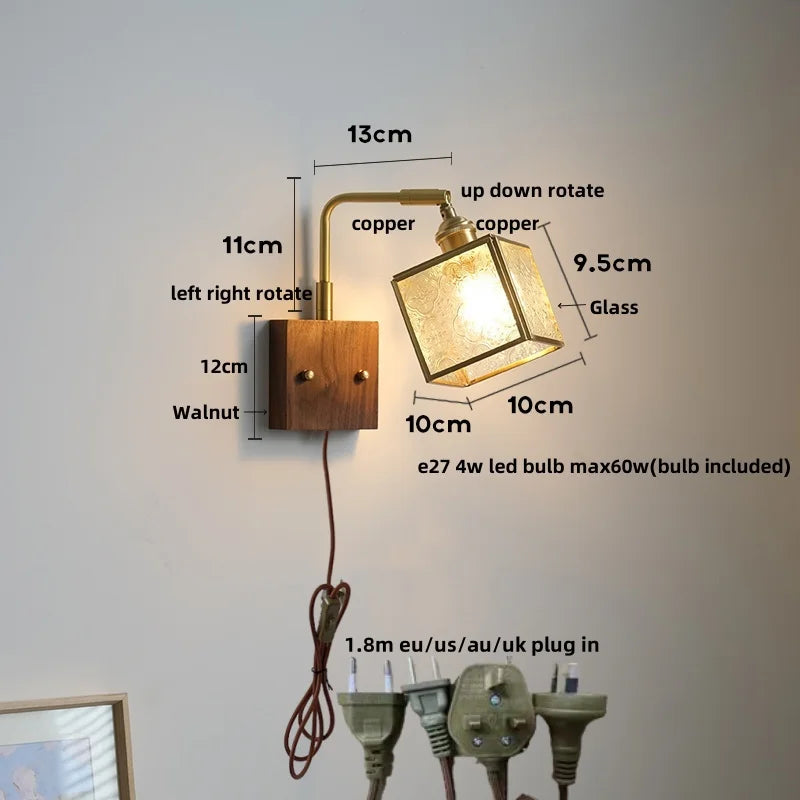 Afralia™ Wood Cube Glass LED Wall Lights with Pull Chain Switch for Modern Interiors