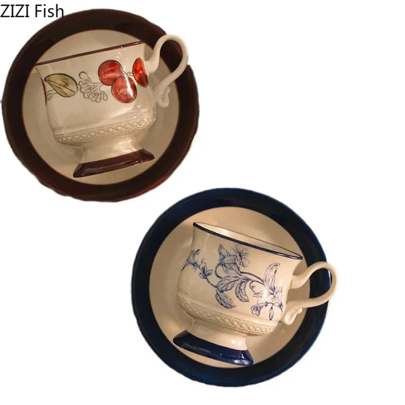 Afralia™ Flower Patterns Ceramic Cup & Saucer Set for Dining Table and Coffee