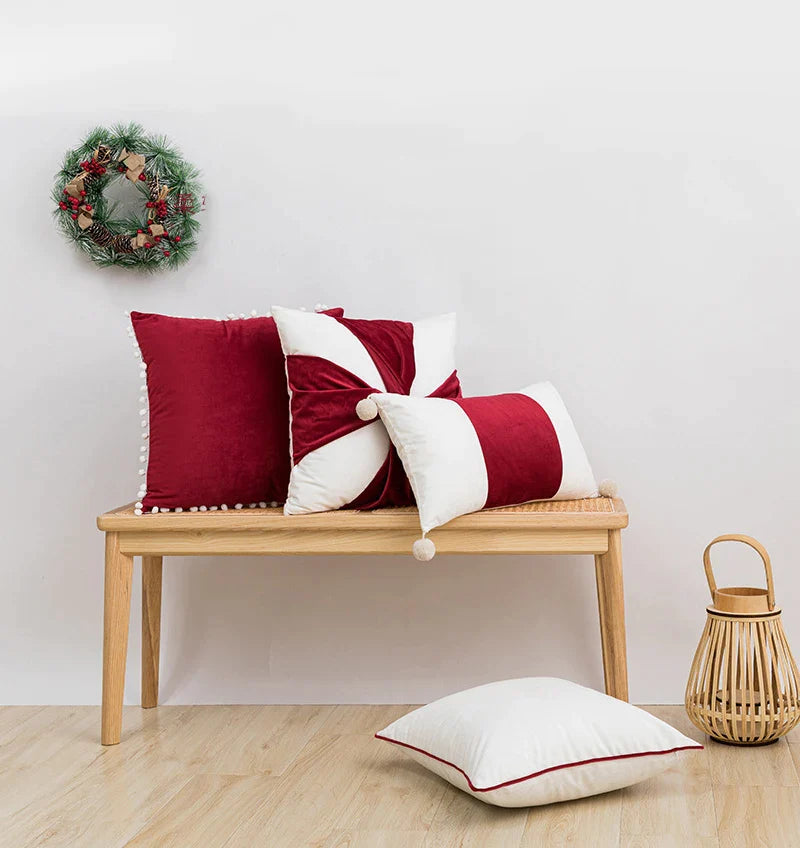 Afralia™ Velvet Red Bow Hairball Stitching Christmas Pillow Cover