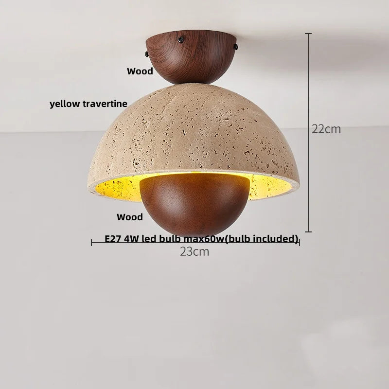 Afralia™ Yellow Travertine Glass LED Ceiling Light Japan Style Wood Base Plafonnier