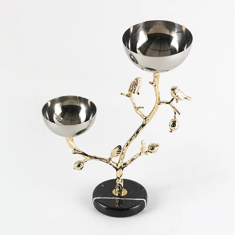 Afralia™ Golden Bird Metal Snack Bowl with Branches and Birds Fruit Platter