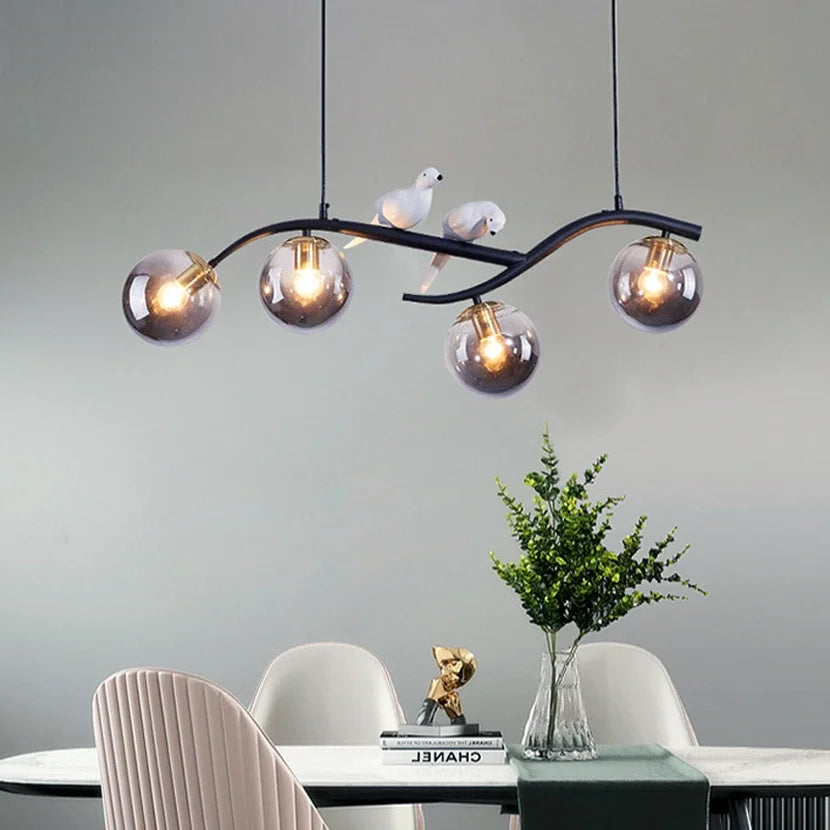 Afralia™ Birds Hanging Glass LED Chandelier in Black & Gold Iron - Modern Kitchen Island Light