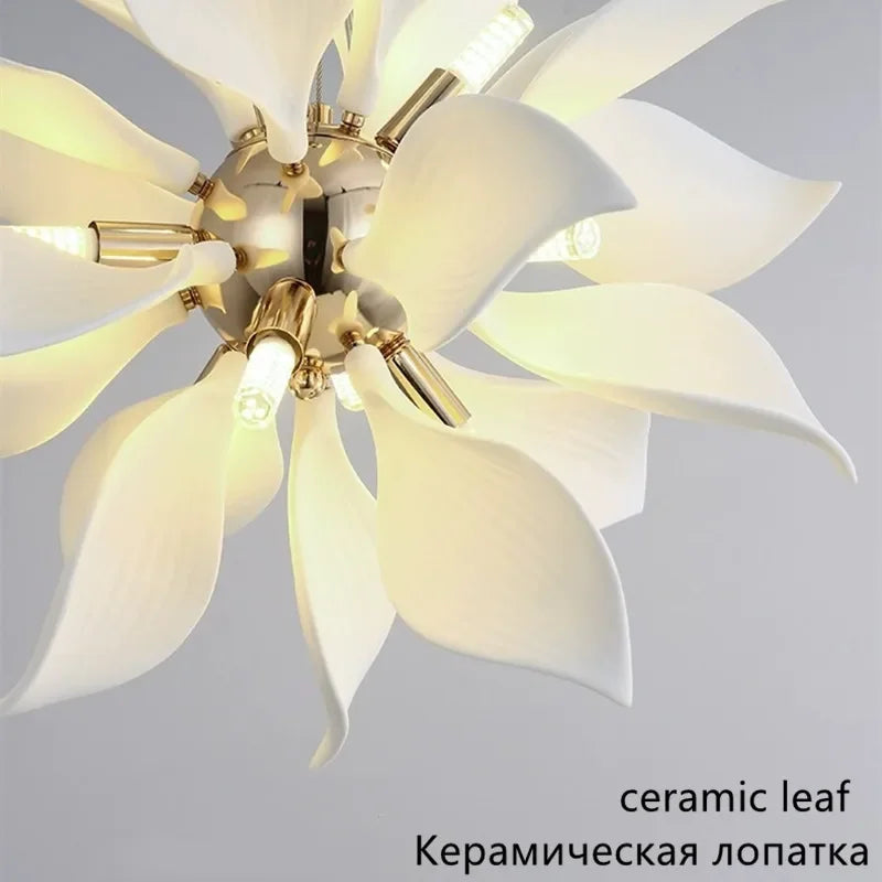 Nordic Ceramic Leaf Hanging Chandelier Pendant Lamp by Afralia™ - Creative Bedside LED Lighting